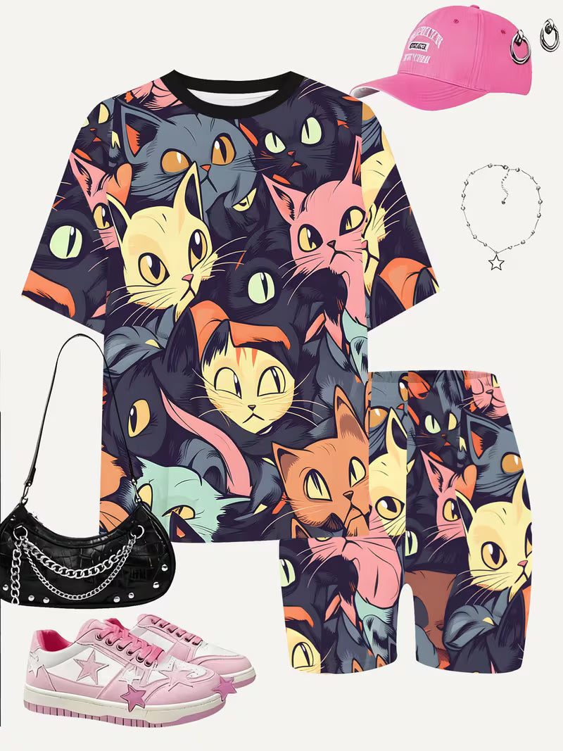 Girls' Fashion Shorts Set Cute Fashion Printed Set, Perfect for Outdoor