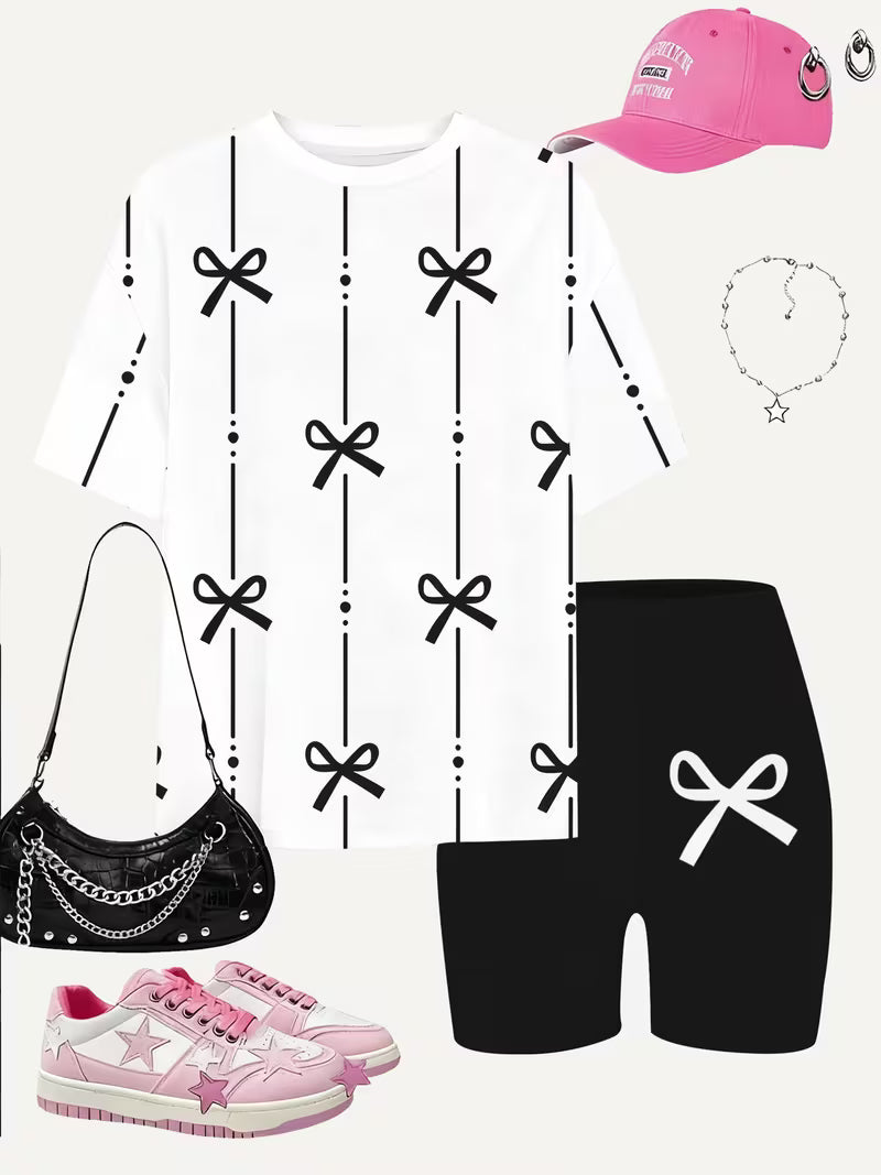Girls' Fashion Shorts Set, Cute And Stylish Printed Set, for Outdoor