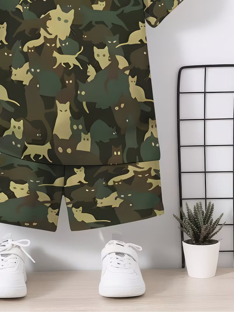 Fashion Cool Camouflage Color Cat Pattern 3D Print Design, Short-Sleeve Pullover Shirt