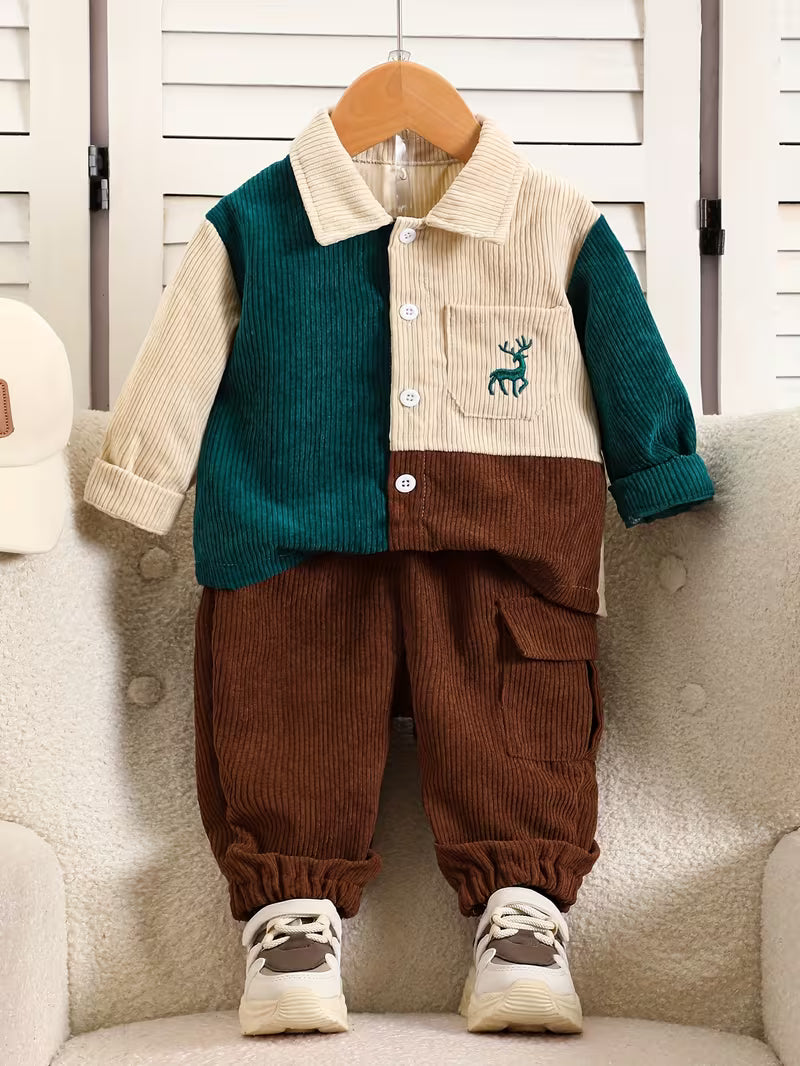 Fashion Patchwork Lapel Cardigan Button-Up Long Sleeve Top And Apricot Elastic Waist Long Pants