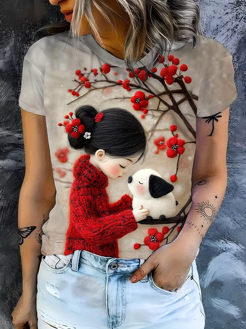 Women's Japanese Anime Cherry Blossom & Cute Dog Print T-Shirt
