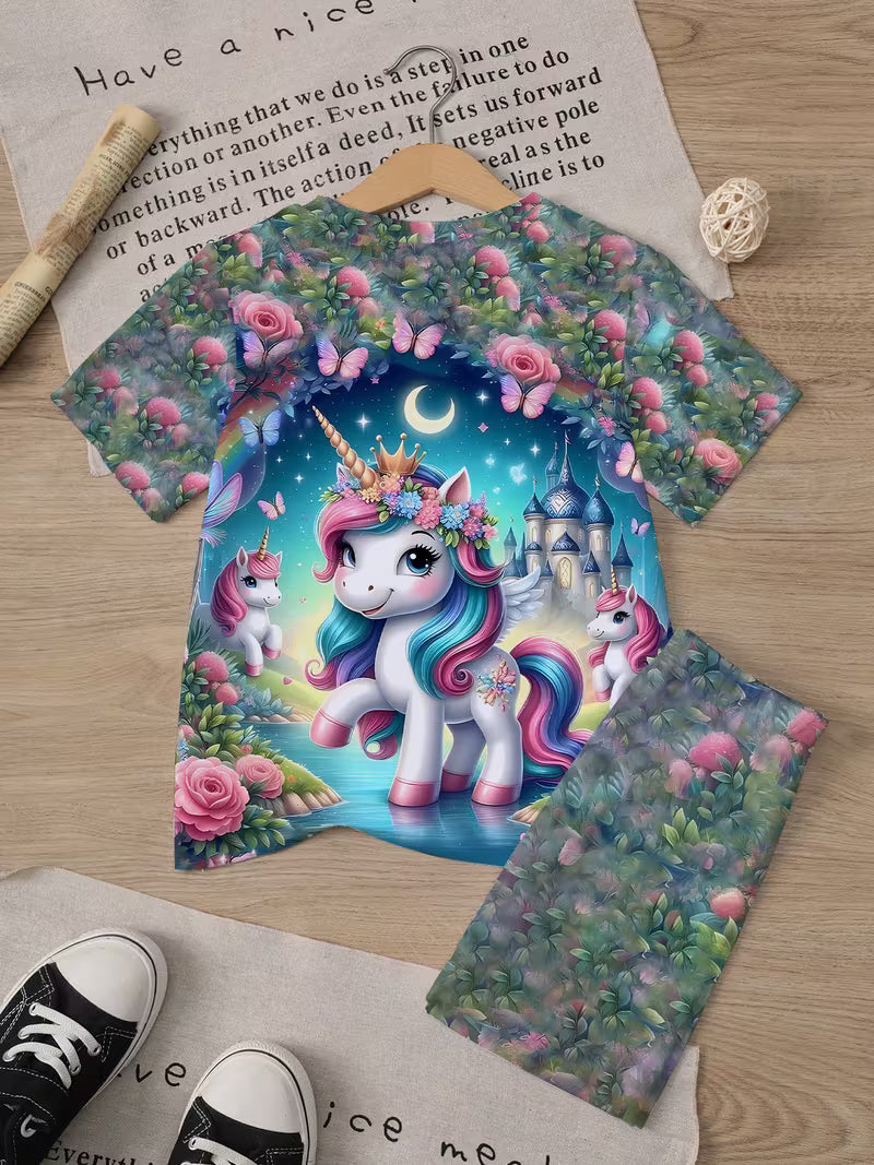 Girls' Unicorn T-Shirt and Shorts Set, Unicorn Print Children's Cartoon Casual Outfit