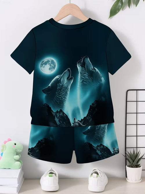 3D Print Cartoon Wolf Graphic Short Sleeve T-Shirt and Shorts Set
