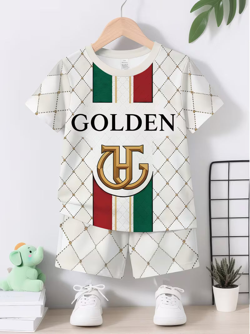 Casual Golden Label Light Luxury Plaid Print Pattern Round Neck T-shirt and Shorts Set