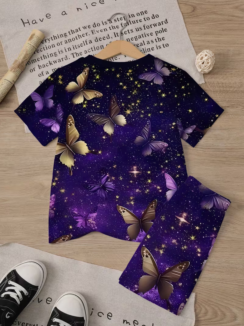 A Stylish Spring And Summer Outfit for Girls Featuring a Purple Starry Sky Butterfly T-Shirt