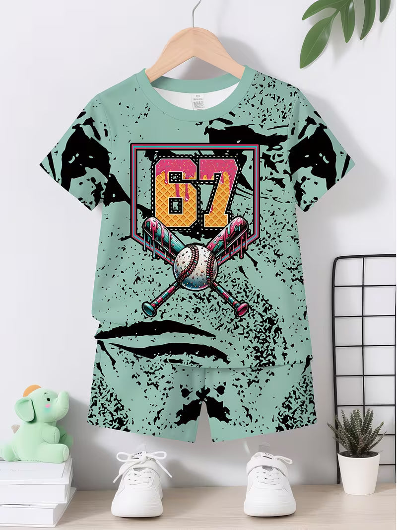 Fashionable and Cool Baseball Element No. 67 Printed Round-neck T-shirt and Shorts