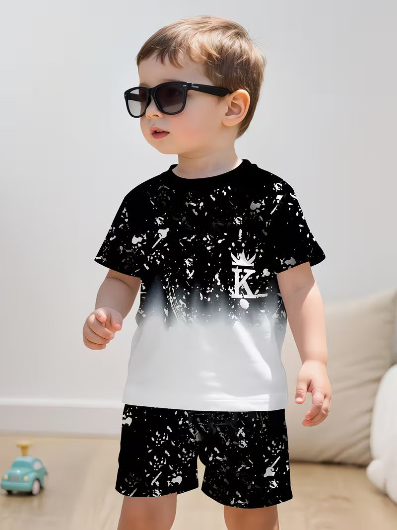 Casual Sporty Stylish Crown K Graffiti-themed Printed Crew-neck T-shirt and Shorts Set