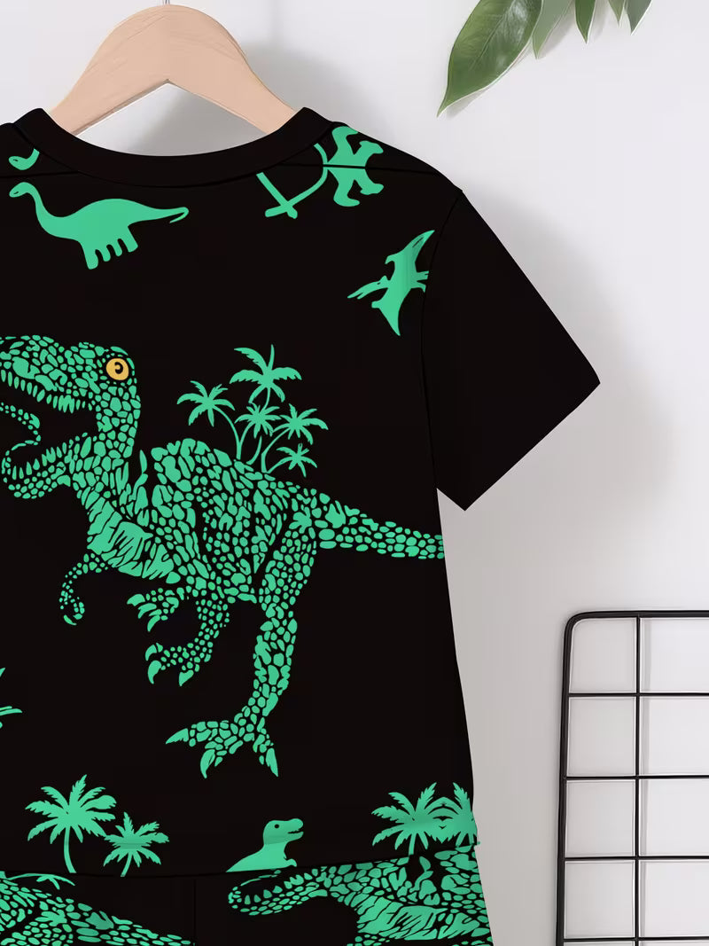 Dinosaur Outfit: Short-Sleeve Shirt & Matching Sports Shorts with 3D -Rex Print