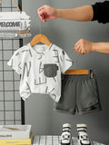 Graffiti Style Short Sleeve Set And Graffiti Print Short Sleeve T-Shirt with Matching Pocket