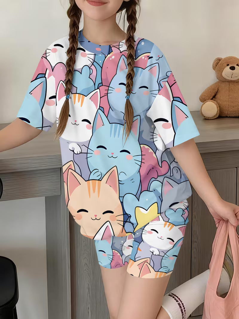 Girls' Fashion Shorts Set Cute Fashion Printed Set, Perfect for Outdoor