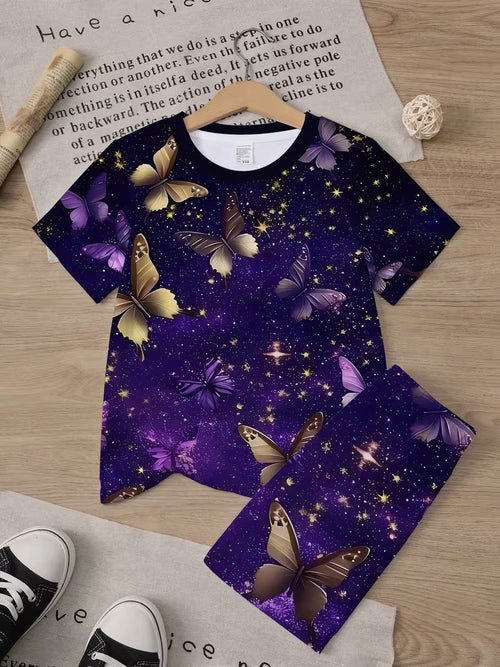 A Stylish Spring And Summer Outfit for Girls Featuring a Purple Starry Sky Butterfly T-Shirt