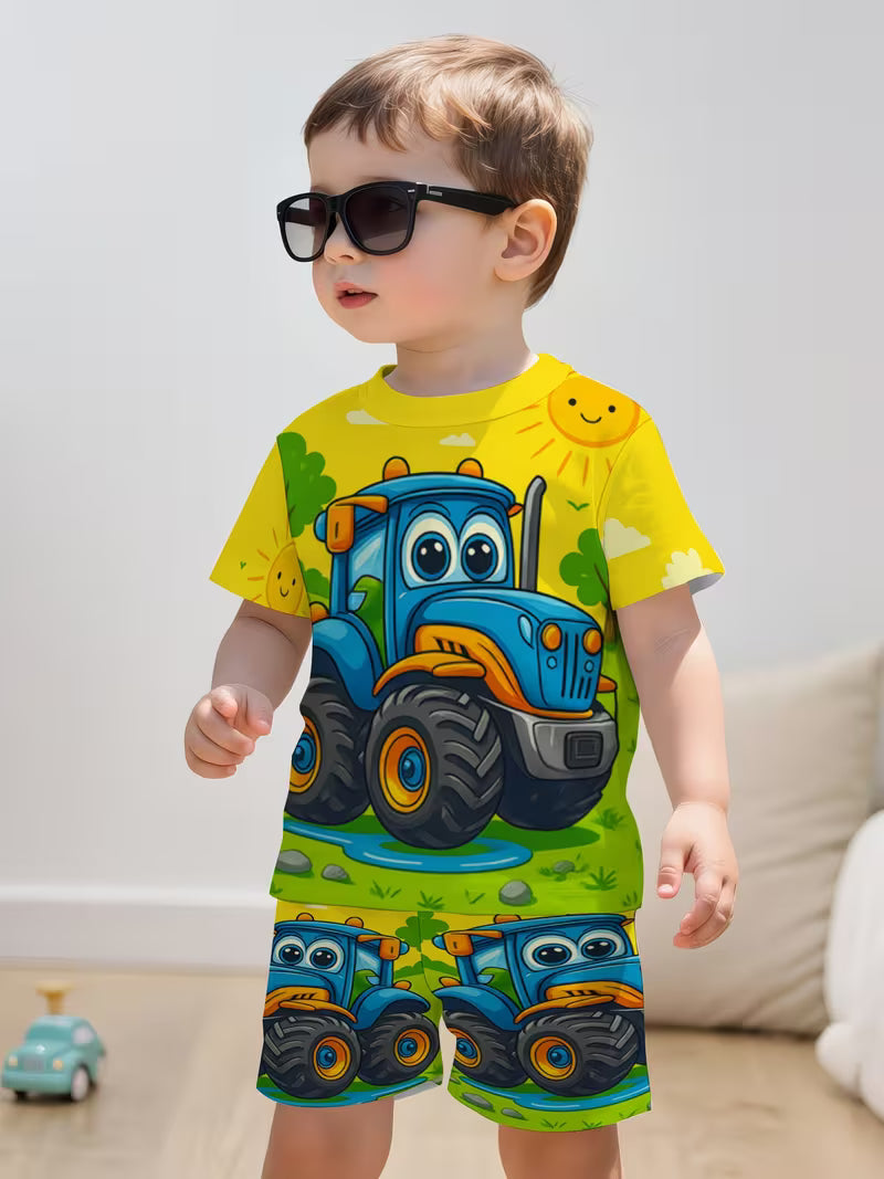 Boy cute cartoon animated car 3D printing design, short sleeved pullover