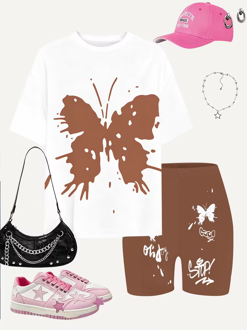 Cute And Stylish Butterfly Print Shorts Set for Girls, for Outdoor