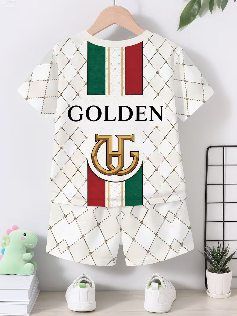 Casual Golden Label Light Luxury Plaid Print Pattern Round Neck T-shirt and Shorts Set