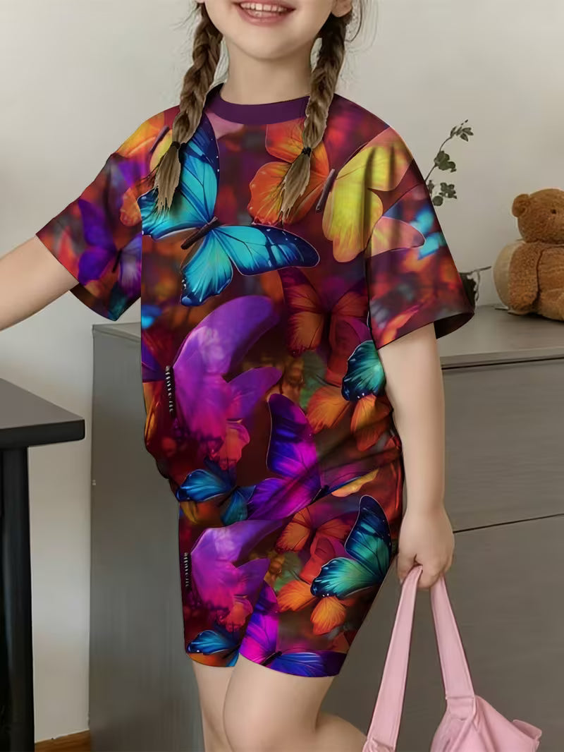 Girls' New Butterfly T-Shirt and Shorts Set with 3D Print, Fashionable Casual Outdoor