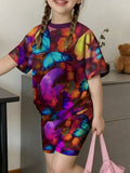 Girls' New Butterfly T-Shirt and Shorts Set with 3D Print, Fashionable Casual Outdoor