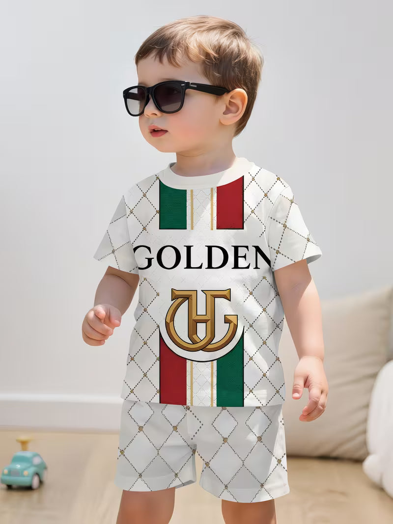 Casual Golden Label Light Luxury Plaid Print Pattern Round Neck T-shirt and Shorts Set