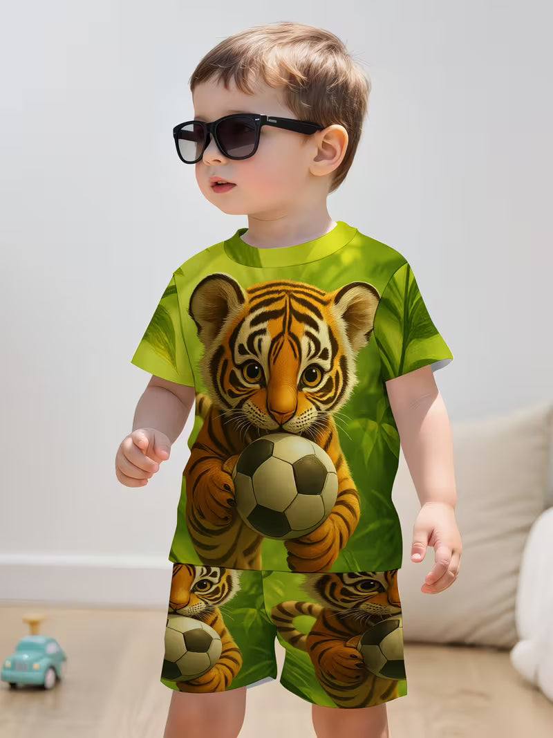 Creative Green Cartoon Tiger Football 3D Print Design, Short-Sleeve Pullover Shirt