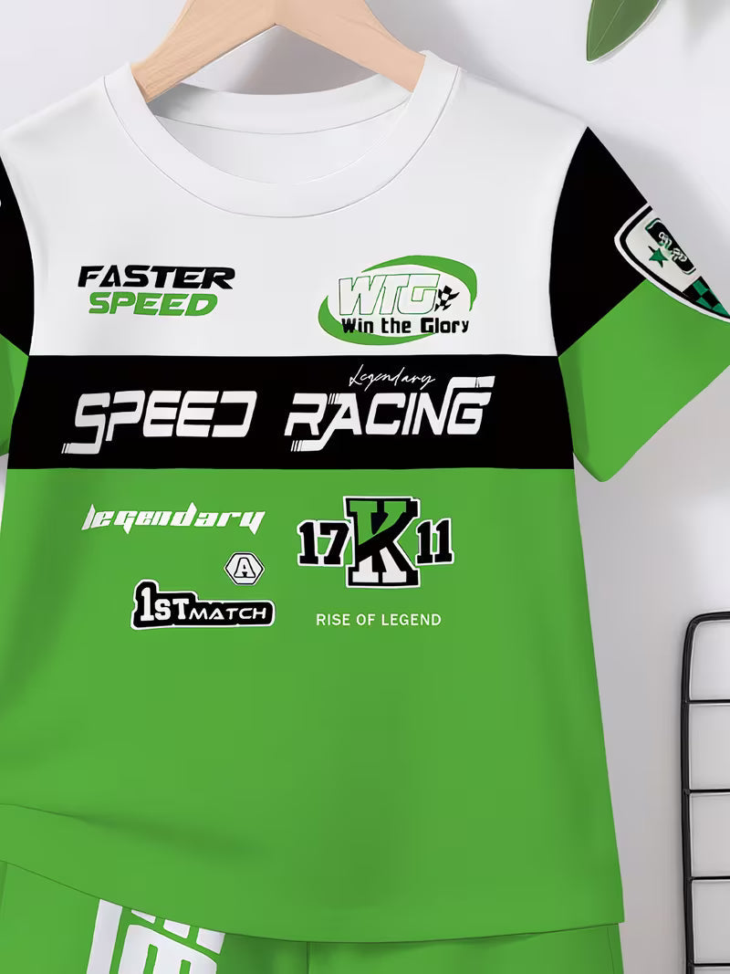Boys' Creative Green Cartoon Racing Suit with 3D Print Design