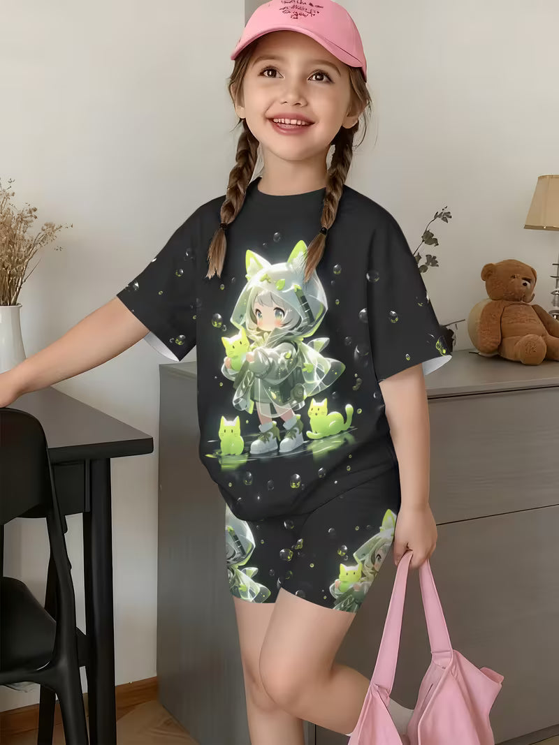 Girls' Fashion Shorts Set Cute Fashion Printed Set, Perfect for Outdoor