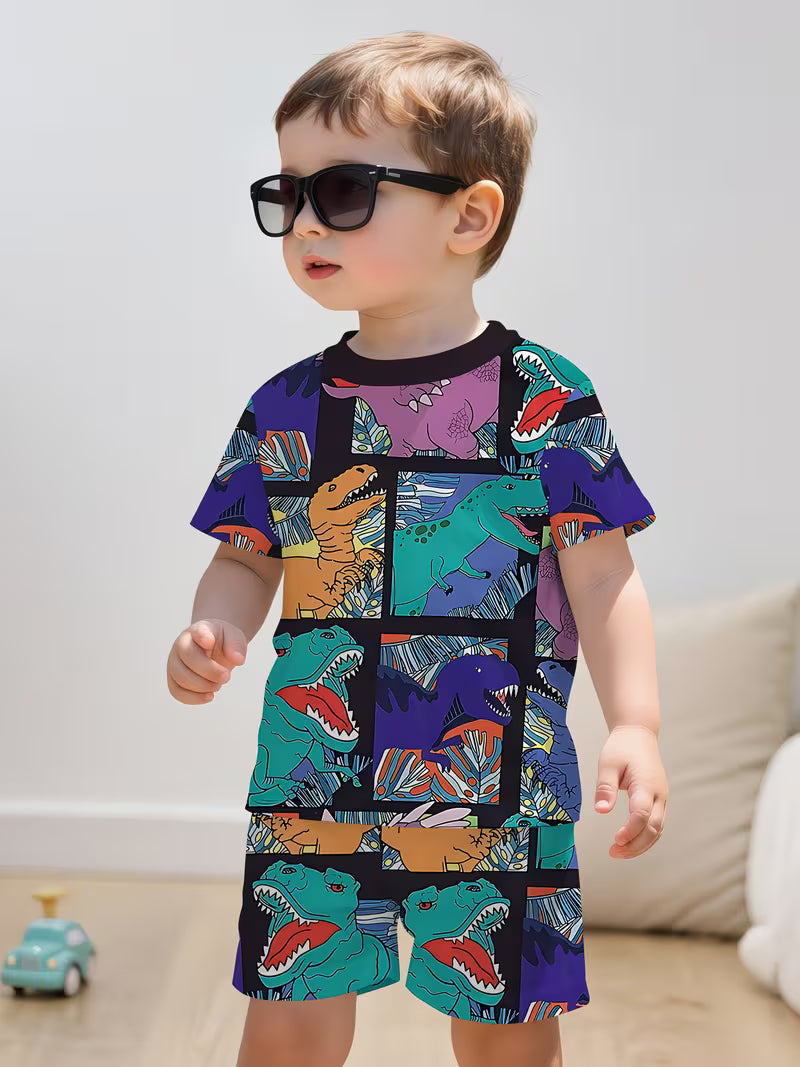 Fashionable Short-sleeved Pullover and Sports Shorts Set, with Creative Block-shaped Dinosaur