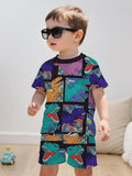 Fashionable Short-sleeved Pullover and Sports Shorts Set, with Creative Block-shaped Dinosaur