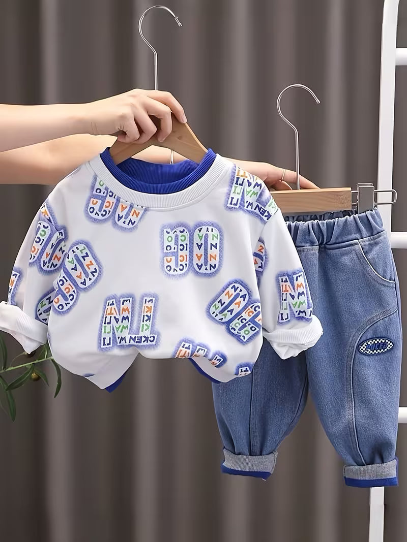 2Pcss Kids Trendy Cool Outfit Set, Full Letter Print Sweatshirt And Faux Denim White