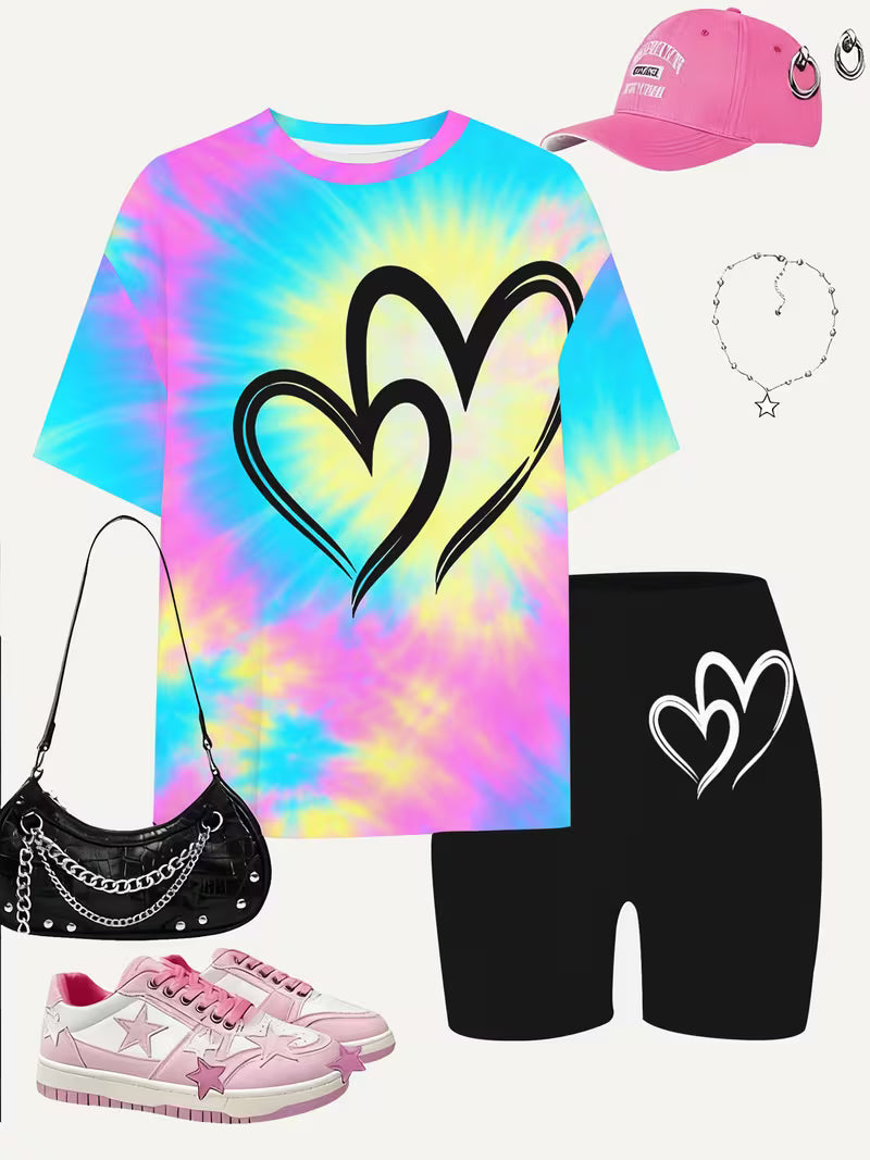 Cute Graffiti Style and Heart-Print T-shirt and Shorts Set