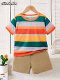 Casual Simple Round Neck Short Sleeve T-Shirt with Colorful Stripes and Solid Color Pants