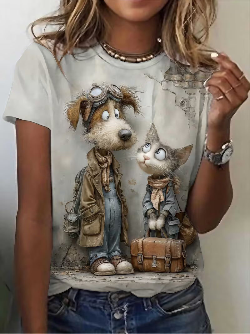 Women's Cat & Dog Print Round Neck T-Shirt - Cute Pet Patterns