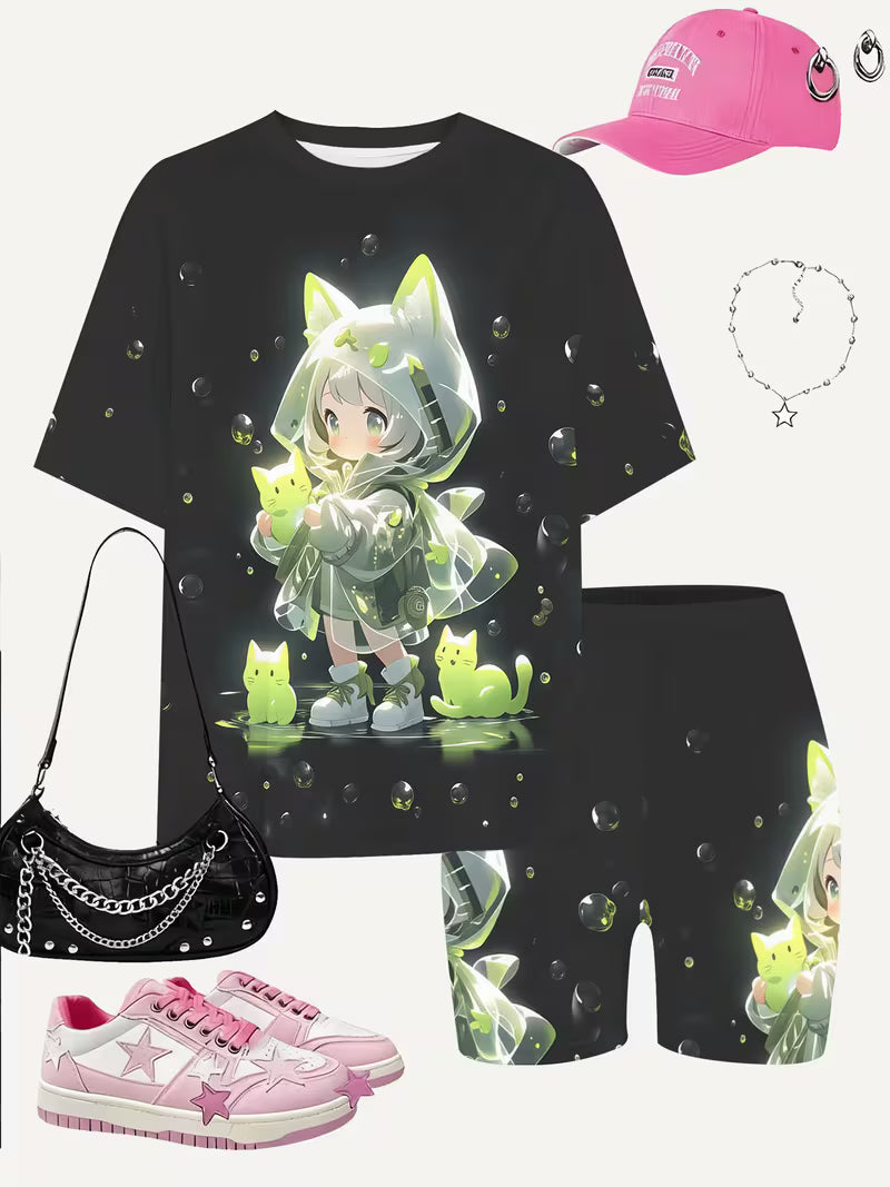 Girls' Fashion Shorts Set Cute Fashion Printed Set, Perfect for Outdoor