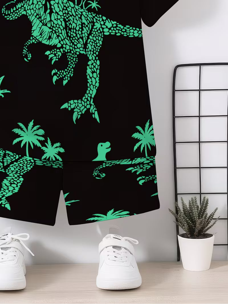 Dinosaur Outfit: Short-Sleeve Shirt & Matching Sports Shorts with 3D -Rex Print