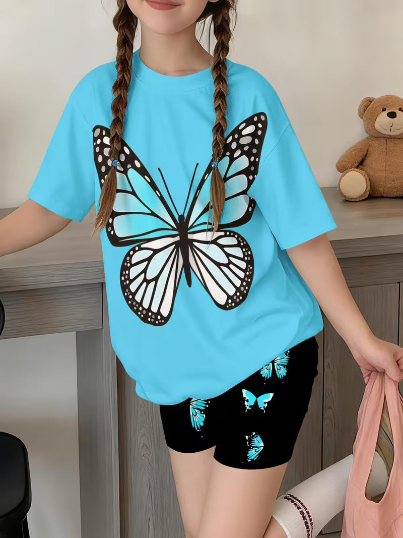 Fashion Blue Butterfly Shorts Set Cute and Stylish Printed Outfit, Perfect for Outdoor