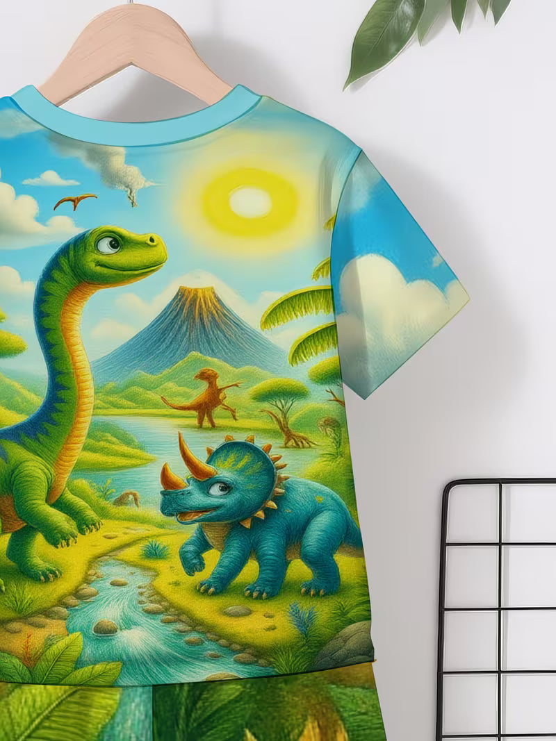 Casual Fashion Short-Sleeve T-Shirt Set, Digital Print, Creative Jungle Dinosaur Print Design