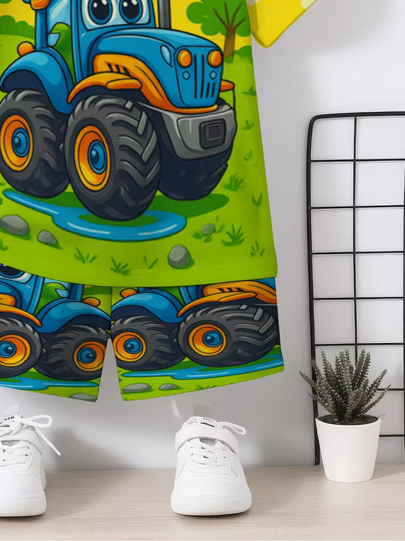 Boy cute cartoon animated car 3D printing design, short sleeved pullover