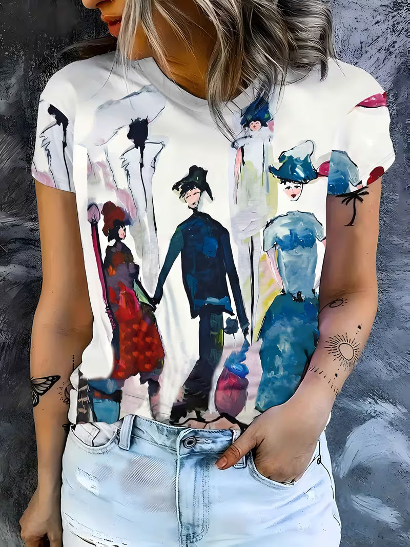 Women's Abstract Art Oil Painting T-Shirt - Vibrant Portrait Print Round Neck Short Sleeve Top