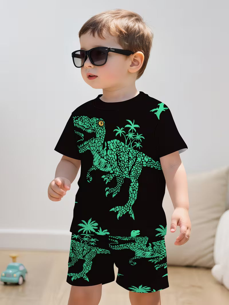 Dinosaur Outfit: Short-Sleeve Shirt & Matching Sports Shorts with 3D -Rex Print