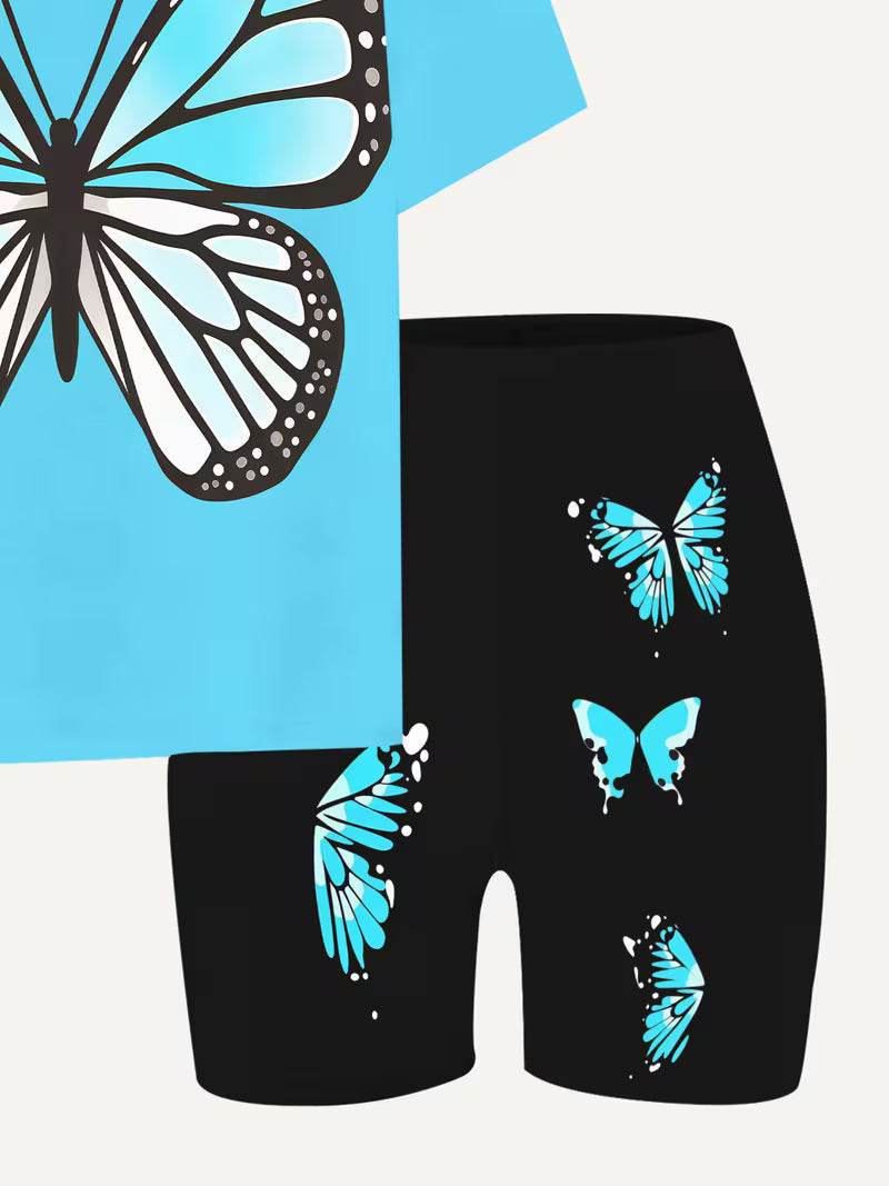 Fashion Blue Butterfly Shorts Set Cute and Stylish Printed Outfit, Perfect for Outdoor