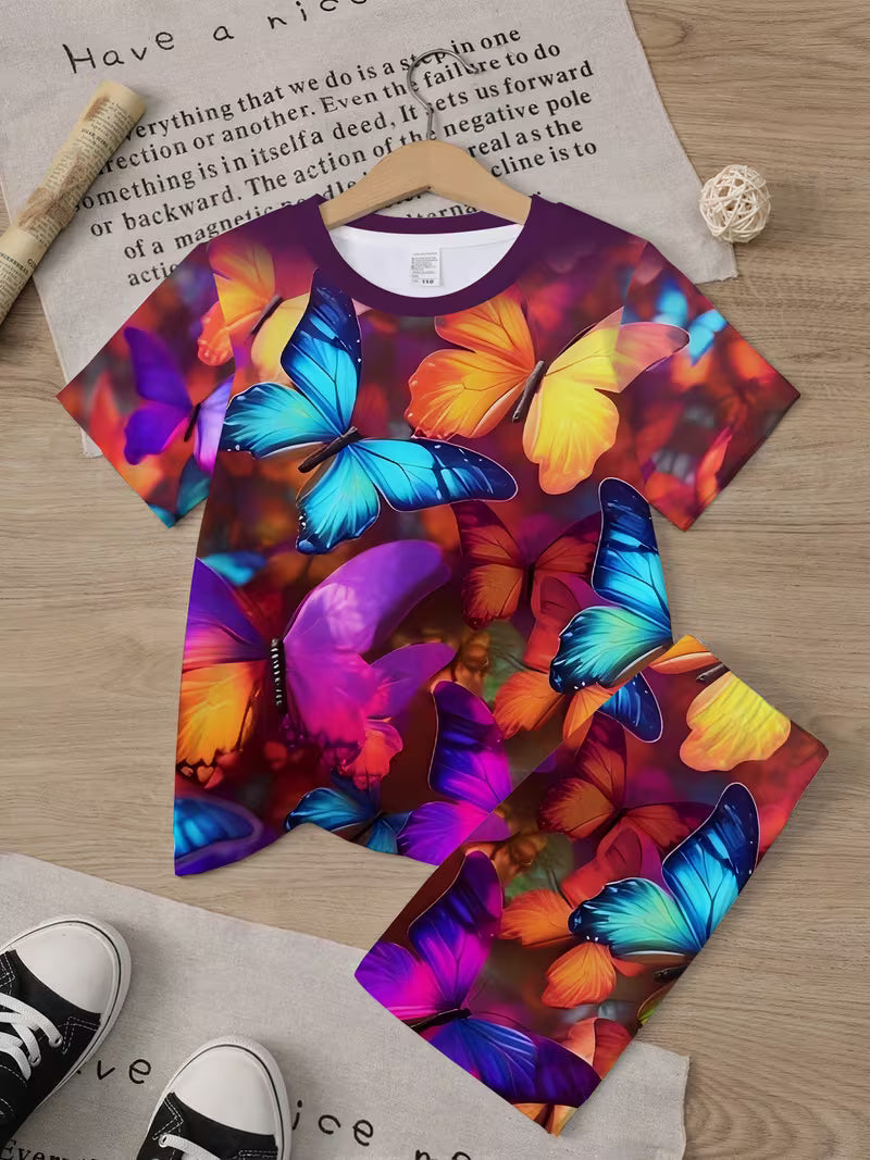 Girls' New Butterfly T-Shirt and Shorts Set with 3D Print, Fashionable Casual Outdoor