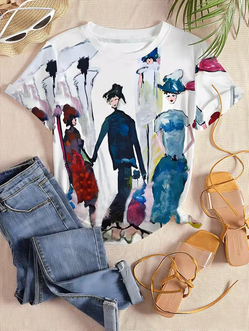 Women's Abstract Art Oil Painting T-Shirt - Vibrant Portrait Print Round Neck Short Sleeve Top
