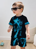 Pullover and Sports Shorts Set, with a Cool Blue Plush Wolf 3D Print