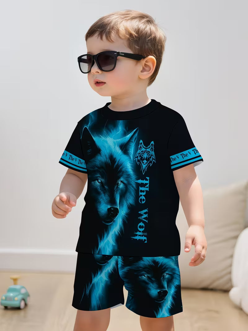 Pullover and Sports Shorts Set, with a Cool Blue Plush Wolf 3D Print