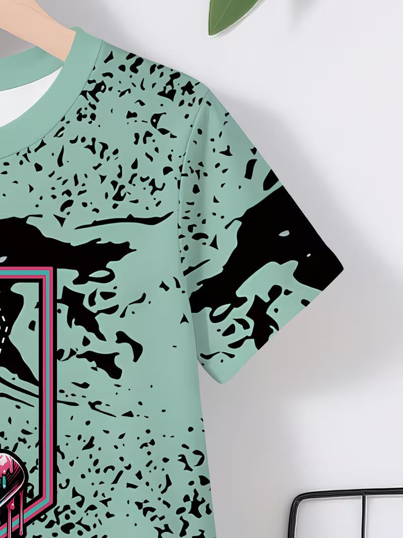 Fashionable and Cool Baseball Element No. 67 Printed Round-neck T-shirt and Shorts
