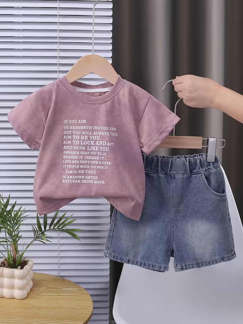 Boys' Fashionable Handsome English Print Pink Short Sleeve Round Neck T-Shirt And Denim Shorts 2pcs Set
