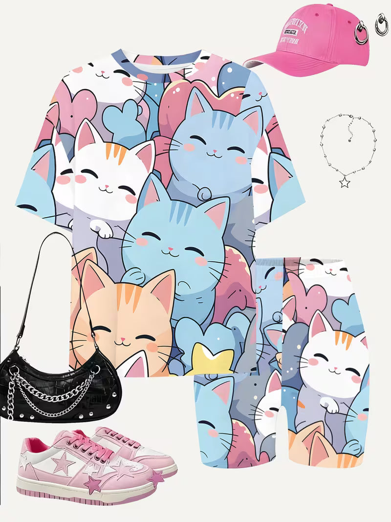 Girls' Fashion Shorts Set Cute Fashion Printed Set, Perfect for Outdoor