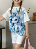 Unicorn Blue Castle Print T-Shirt And Shorts Set Features Exquisite Cartoon Designs, Breathable Fabric
