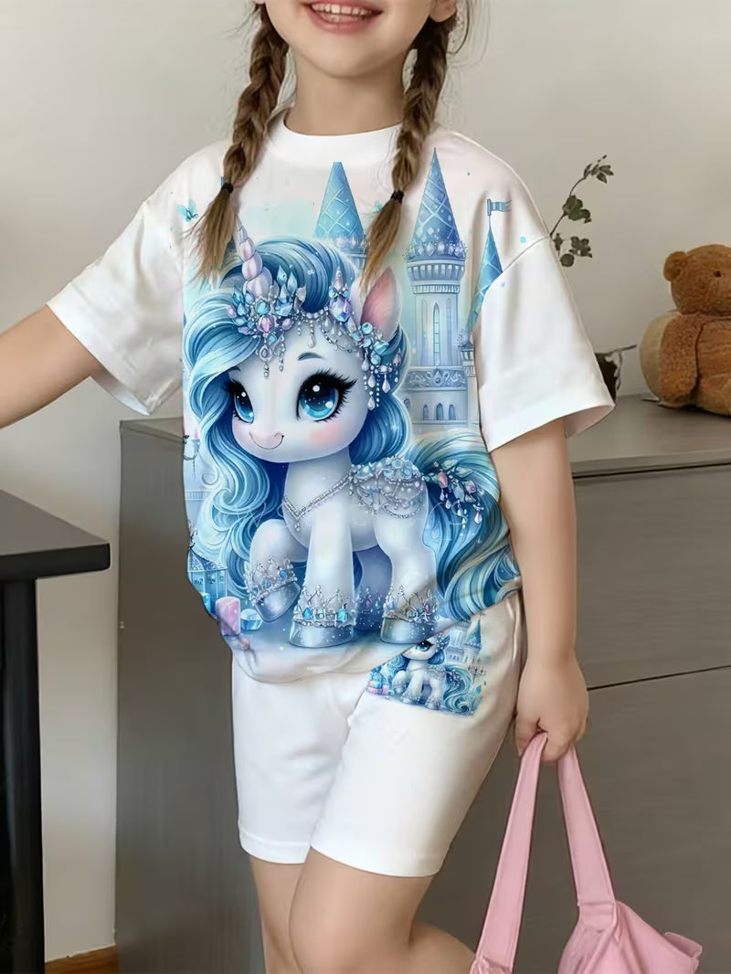 Unicorn Blue Castle Print T-Shirt And Shorts Set Features Exquisite Cartoon Designs, Breathable Fabric