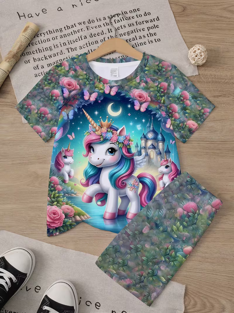 Girls' Unicorn T-Shirt and Shorts Set, Unicorn Print Children's Cartoon Casual Outfit