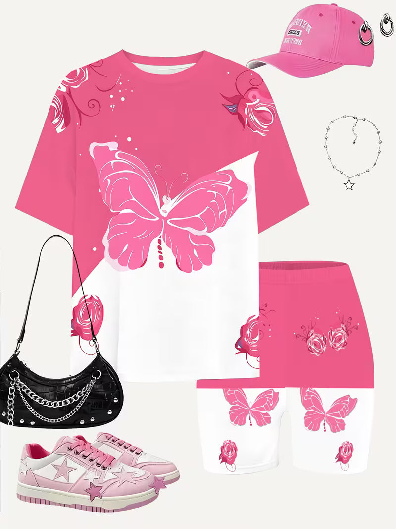 Girls' Fashion Pink Butterfly Shorts Set Cute And Stylish Printed Outfit, for Outdoor