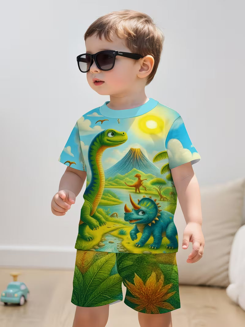 Casual Fashion Short-Sleeve T-Shirt Set, Digital Print, Creative Jungle Dinosaur Print Design